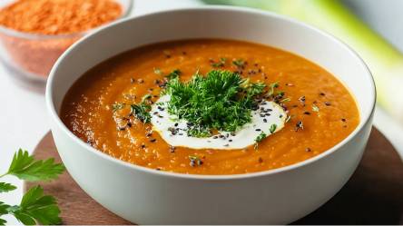 Schale mit roter Linsensuppe mit Lauch