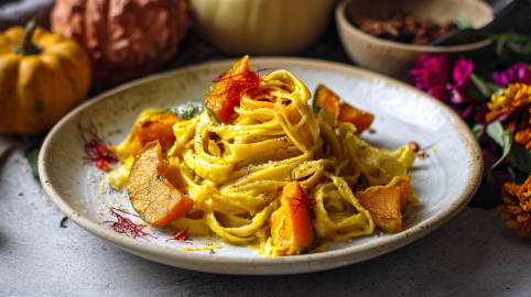 Ein Teller mit Safrannudeln mit Kürbis. Im Hintergrund liegen Kürbisse und Blumen als Deko.