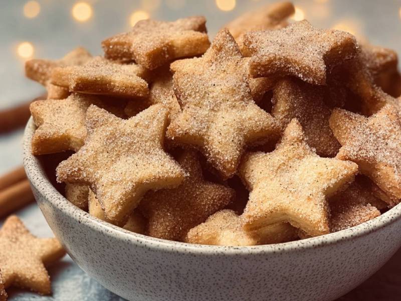 Schale voll mit Schmandplätzchen, Zimtstange daneben und Lichterkette im Hintergrund