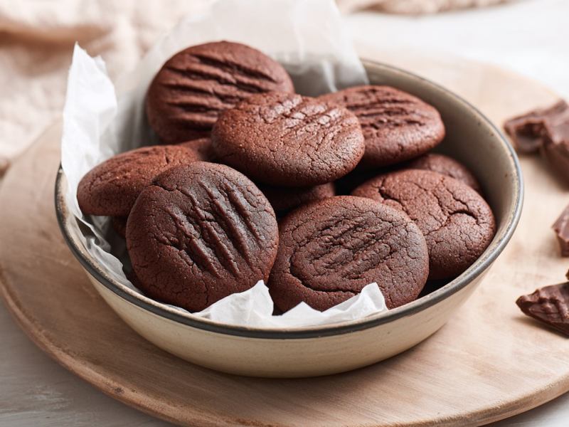 Schoko-Puddingplätzchen in einer Schale, die auf einem Holzbrett steht.