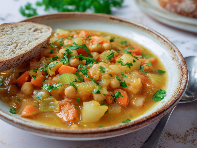 Schwarzwurzel-Eintopf in einem grauen Teller. Der Eintopf ist mit einer Scheibe Sauerteigbrot serviert.