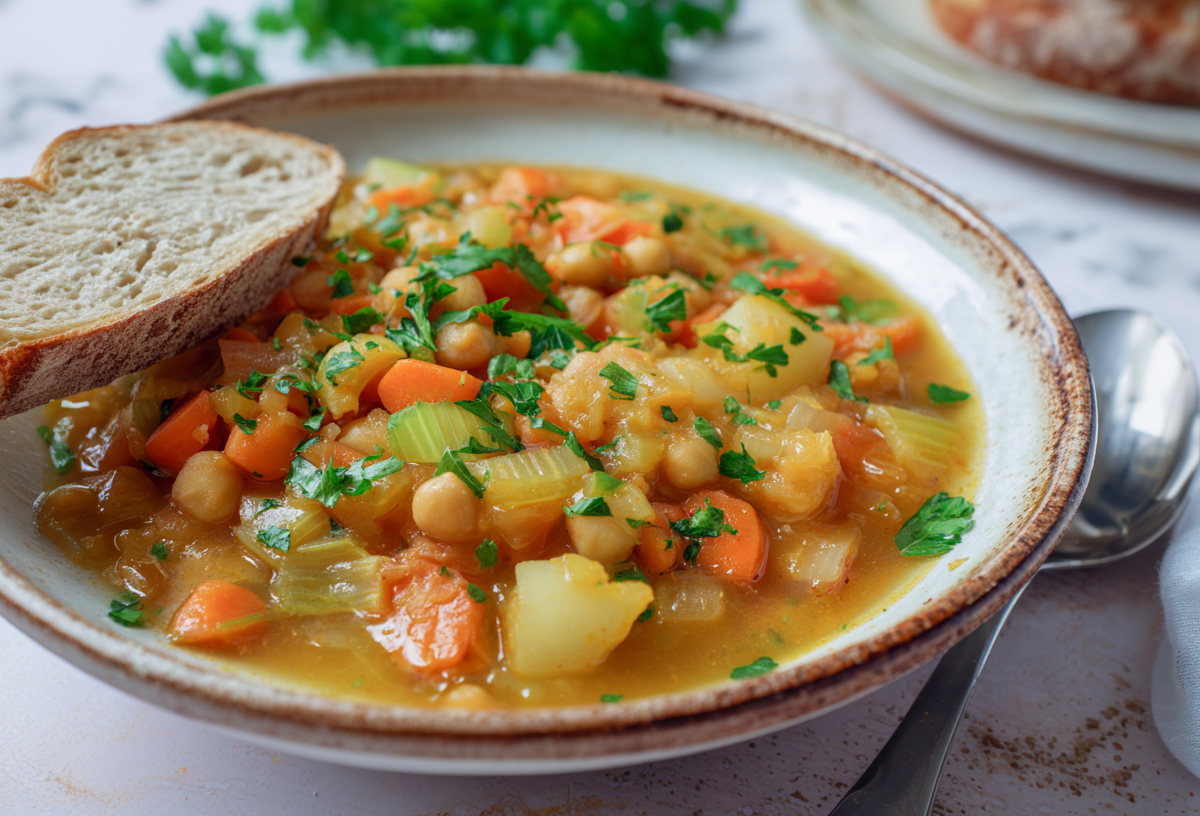 Schwarzwurzel-Eintopf in einem grauen Teller. Der Eintopf ist mit einer Scheibe Sauerteigbrot serviert.