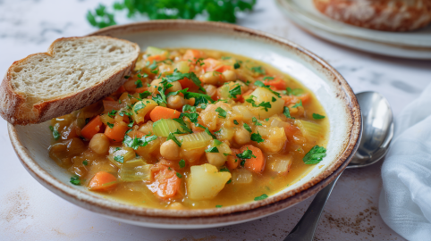 Schwarzwurzel-Eintopf in einem grauen Teller. Der Eintopf ist mit einer Scheibe Sauerteigbrot serviert.