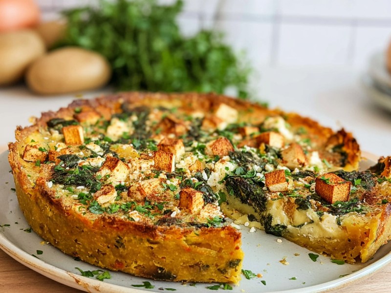 Ein Teller mit einer angeschnittenen Smashed Potato Tarte mit Räuchertofu, Spinat und Feta. Im Hintergrund liegen Kartoffeln, ein frischer Bund Kräuter.