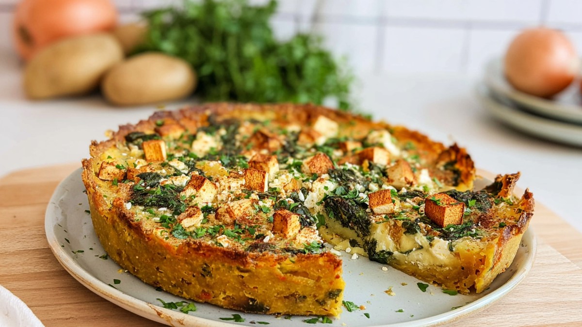 Ein Teller mit einer angeschnittenen Smashed Potato Tarte mit Räuchertofu, Spinat und Feta. Im Hintergrund liegen Kartoffeln, ein frischer Bund Kräuter.