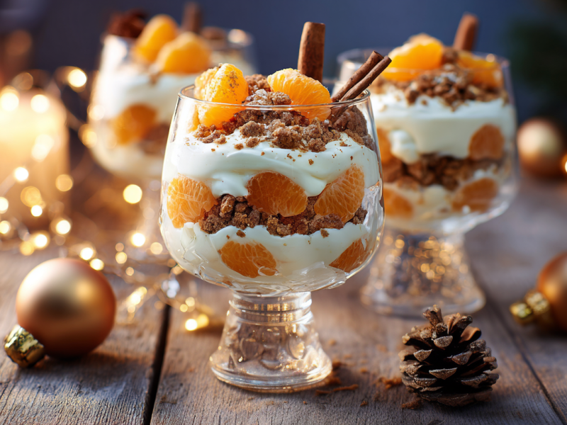 Gläser mit Spekulatius-Mandarinen-Creme auf einem Holzboden. Außen herum liegt festliche Dekoration.