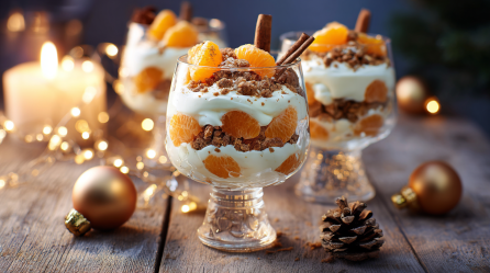 Gläser mit Spekulatius-Mandarinen-Creme auf einem Holzboden. Außen herum liegt festliche Dekoration.
