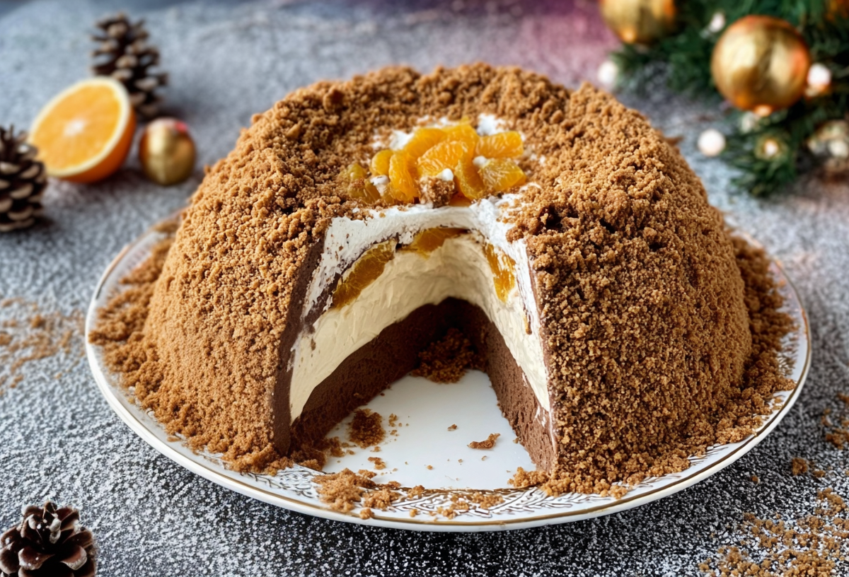 Ein Teller mit einem angeschnittenen Spekulatius-Maulwurfkuchen. Im Hintergrund liegt weihnachtliche Deko.
