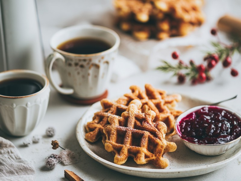 Ein Teller mit Spekulatius-Waffeln mit Glühwein-Kompott. Ringsum kann man zwei Kaffeetassen stehen sehen, sowie winterliche Dekoration und einen Stapel mit Waffeln.