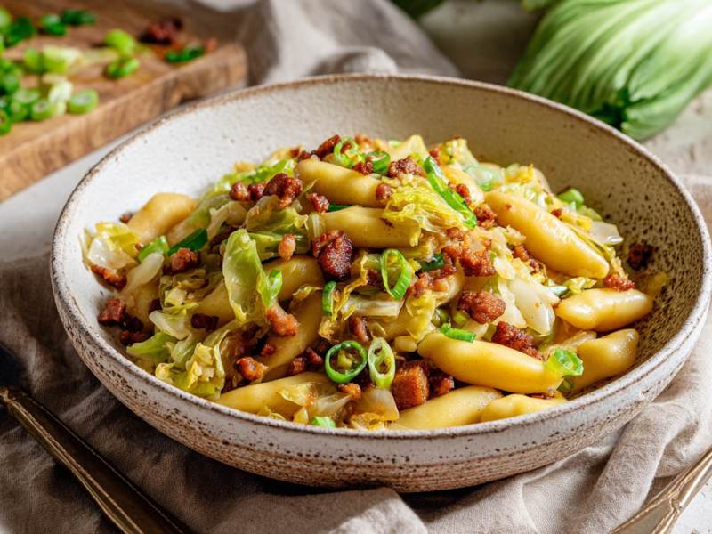 Eine Spitzkohl-Schupfnudelpfanne mit Wurstbrät und Bacon.