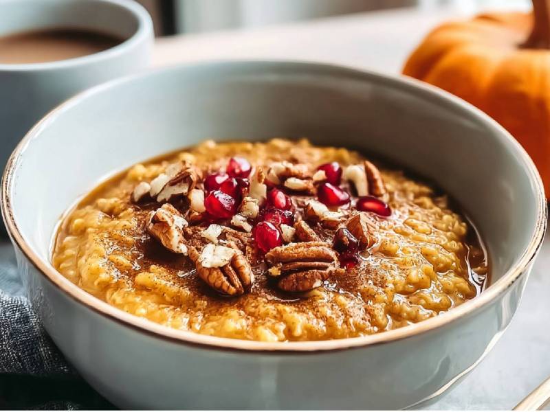 Schale Kürbis-Zimt-Porridge mit Kürbis und einer Tasse Kaffee im Hintergrund