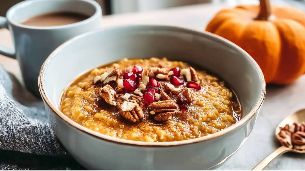 Schale Kürbis-Zimt-Porridge mit Kürbis und einer Tasse Kaffee im Hintergrund
