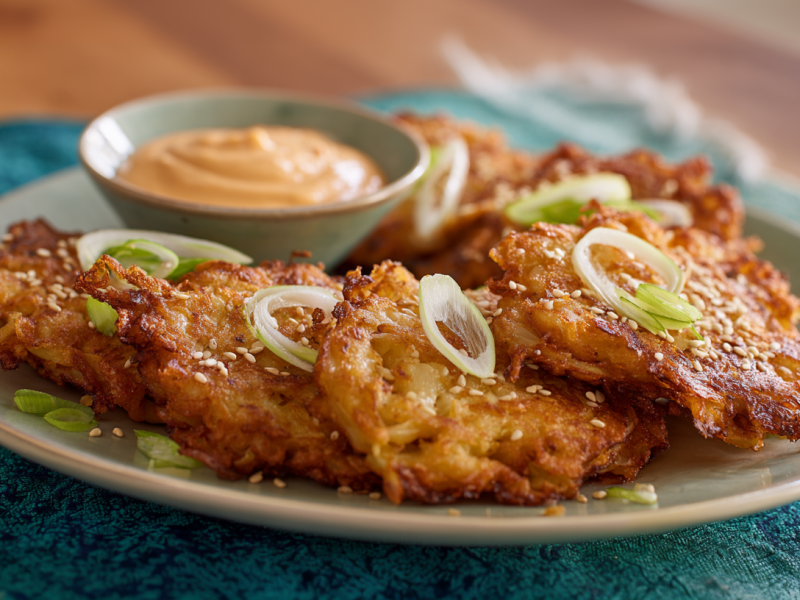 Weißkohlpuffer mit Sriracha-Mayonnaise, angerichtet auf einem Teller. Garniert sind die Puffer mit Sesam und Frühlingszwiebeln.