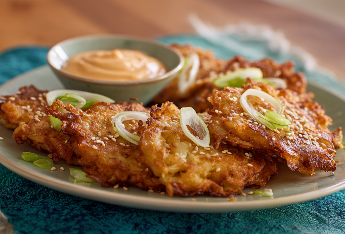 Weißkohlpuffer mit Sriracha-Mayonnaise, angerichtet auf einem Teller. Garniert sind die Puffer mit Sesam und Frühlingszwiebeln.