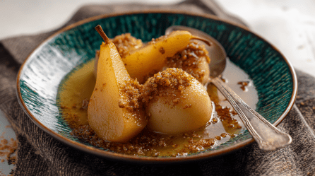 Ein Teller mit Zimtknödel mit gebackener Birne.