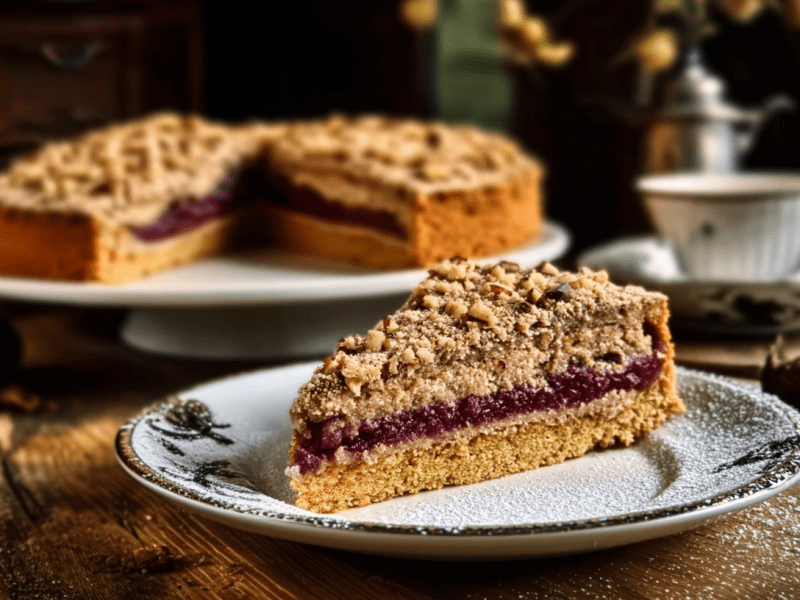 Ein Stück Zimtkuchen mit Pflaumenfüllung ist auf einem Teller serviert. Im Hintergrund steht der Rest des Kuchens.