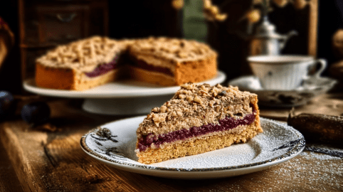 Ein Stück Zimtkuchen mit Pflaumenfüllung ist auf einem Teller serviert. Im Hintergrund steht der Rest des Kuchens.