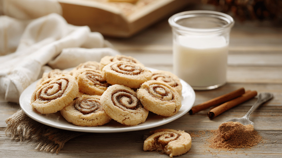 Mehrere Zimtschnecken-Kekse liegen auf einem weißen Teller. Dahinter steht ein Glas mit Milch. Rechts neben dem Teller liegen zwei Zimtstangen und ein Löffel mit Zucker und Zimt.